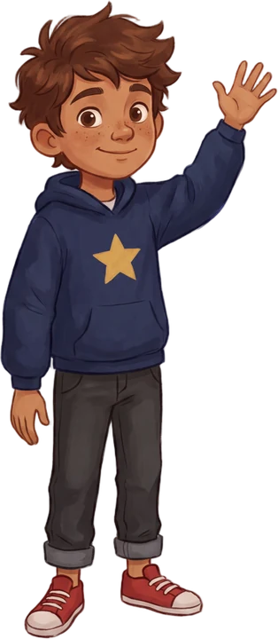 The Kid, in a navy hoodie with a gold star, waving
